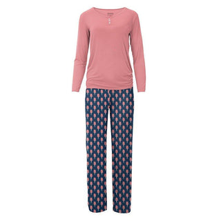 Women's Print Bamboo Long Sleeve Henley Tee & Pajama Pant Set - Navy Cotton Candy Pajamas