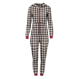 Women's Print Bamboo Long Sleeve Jumpsuit with Hood - Midnight Holiday Plaid Jumpsuits & Rompers