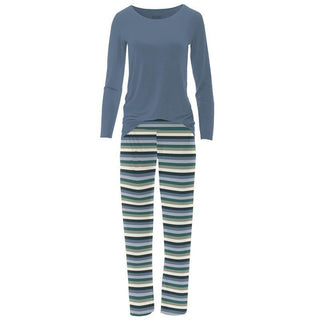 Women's Print Bamboo Long Sleeve Loosey Goosey Tee & Pajama Pants Set - Snowy Stripe Pajamas