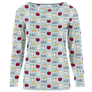 Women's Print Bamboo Long Sleeve Loosey Goosey Tee - Spring Sky I Love School - FDOS Shirts & Tops