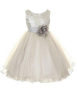 Girl's Sequin Double Mesh Flower Dress - Silver Baby & Toddler Dresses