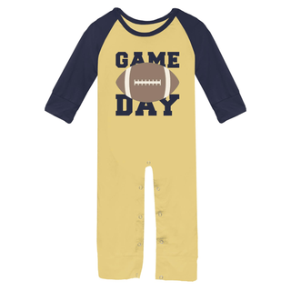 Bamboo Long Sleeve Graphic Raglan Romper - Flax Game Day KicKee Pants Size: 0-3 Months
