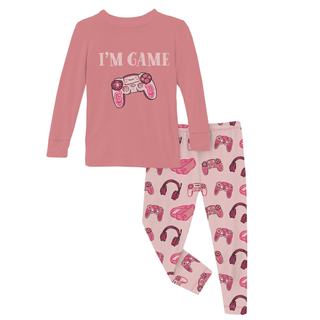 Bamboo Long Sleeve Graphic Tee Pajama Set - Baby Rose Gamer KicKee Pants Size: 3T