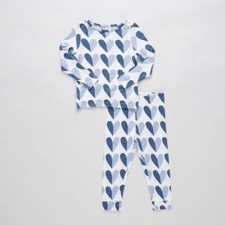 Bamboo Long Sleeve Pajama Set - Blue Half Hearts Pink Chicken Size: 2T
