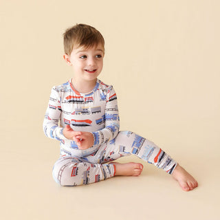 Bamboo Long Sleeve Pajama Set - Landon (Trains) Posh Peanut Size: 3T-4T