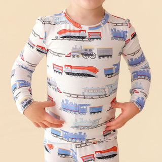 Bamboo Long Sleeve Pajama Set - Landon (Trains) Posh Peanut Size: 3T-4T