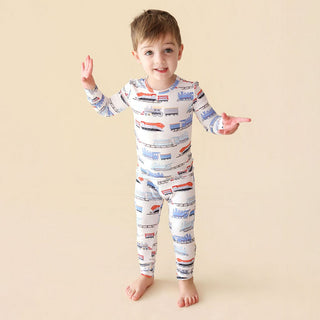 Bamboo Long Sleeve Pajama Set - Landon (Trains) Posh Peanut Size: 3T-4T