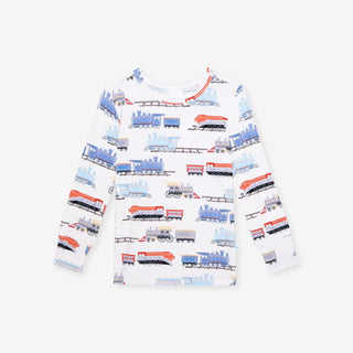 Bamboo Long Sleeve Pajama Set - Landon (Trains) Posh Peanut Size: 3T-4T