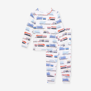 Bamboo Long Sleeve Pajama Set - Landon (Trains) Posh Peanut Size: 3T-4T