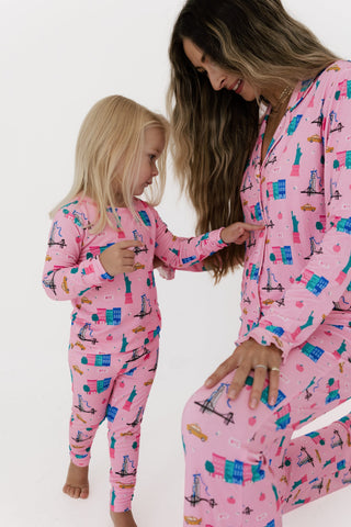 Bamboo Long Sleeve Pajama Set - Pink Big Apple Dreams