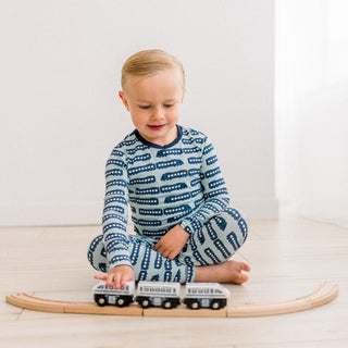 Bamboo Long Sleeve Pajama Set - Spring Sky London Trains KicKee Pants Size: 2T