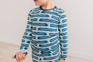 Bamboo Long Sleeve Pajama Set - Spring Sky London Trains KicKee Pants Size: 2T