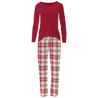 Bamboo Long Sleeve Relaxed Tee & Pajama Pants Set - Fireside Plaid KicKee Pants Size: XS