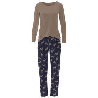 Bamboo Long Sleeve Relaxed Tee & Pajama Pants Set - Peacoat Elk KicKee Pants Size: XS
