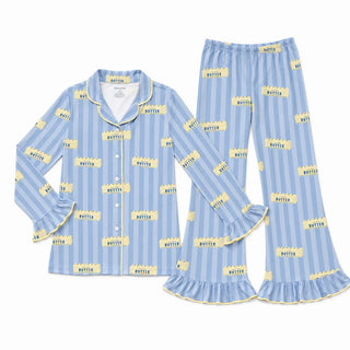Bamboo Long Sleeve Ruffle Flare Set - Blue Stripe Butter