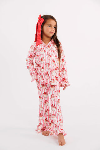 Bamboo Long Sleeve Ruffle Flare Set - Pink Santa Claus Lane