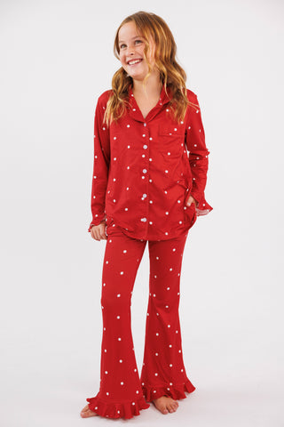 Bamboo Long Sleeve Ruffle Flare Set - Ruby Polka Dot