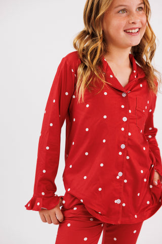 Bamboo Long Sleeve Ruffle Flare Set - Ruby Polka Dot