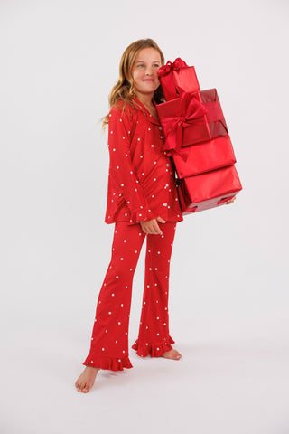 Bamboo Long Sleeve Ruffle Flare Set - Ruby Polka Dot