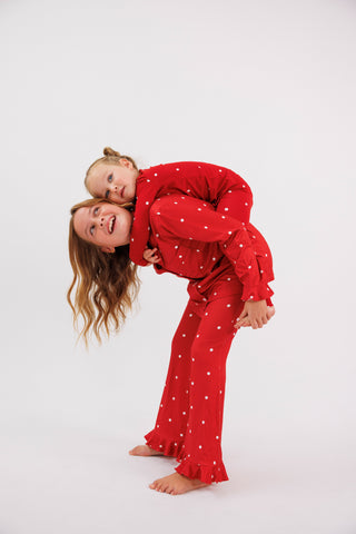 Bamboo Long Sleeve Ruffle Flare Set - Ruby Polka Dot