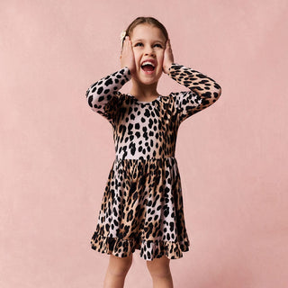 Bamboo Long Sleeve Ruffled Twirl Dress - Loretta Leopard Posh Peanut
