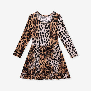 Bamboo Long Sleeve Ruffled Twirl Dress - Loretta Leopard Posh Peanut