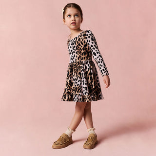 Bamboo Long Sleeve Ruffled Twirl Dress - Loretta Leopard Posh Peanut