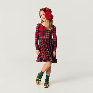 Bamboo Long Sleeve Ruffled Twirl Dress - Red Tartan Plaid Posh Peanut Size: 2T