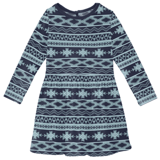 Bamboo Long Sleeve Twirl Dress with Pockets - Peacoat Mayan PrintKicKee PantsSize: 2T