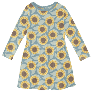 Bamboo Long Sleeve Twirl Dress with Pockets - Stormy Sea Sunflower KicKee Pants Size: 2T
