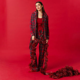 Bamboo Luxe Top & Pajama Pant Set - Red Tartan Plaid Posh Peanut Size: S