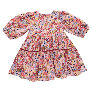 Cotton Maribelle Dress - Burgundy Sketched Floral Pink Chicken Size: 2T
