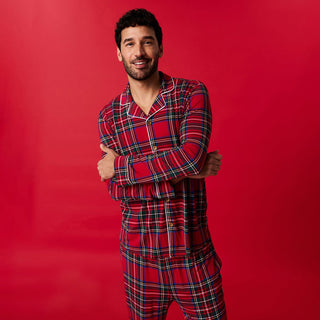 Bamboo Men's Luxe Top & Pajama Pant Set - Red Tartan Plaid Posh Peanut Size: S