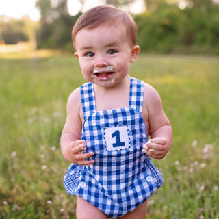 Navy Blue Smocked First Birthday Sunsuit Boy Bubble Seven Lantern Lane Size: 12M