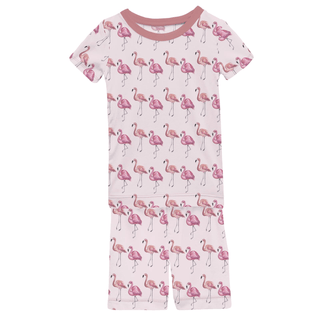 Bamboo Short Sleeve Pajama Set with Shorts - Shrinking Violet Flamingo