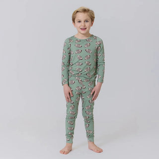 Bamboo Long Sleeve Pajama Set - Green Flying FootballsPink ChickenSize: 2T
