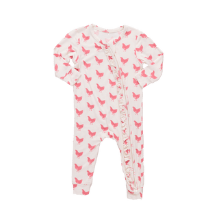 Bamboo Ruffle Convertible Footie Romper - Pink Chickens Pink Chicken Size: 0-3 Months