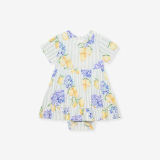 Bamboo Short Sleeve Ruffled Twirl Bodysuit Dress - Nicola (Lemon Floral)Posh PeanutSize: 0-3 Months