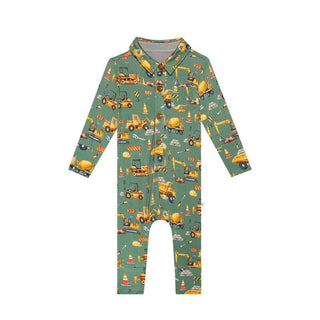 Boy's Bamboo Long Sleeve Collared Henley Long Romper - Crawford (Construction Vehicles) Baby One-Pieces