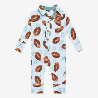 Boy's Bamboo Long Sleeve Collared Henley Romper - Field Day (Football) Baby One-Pieces