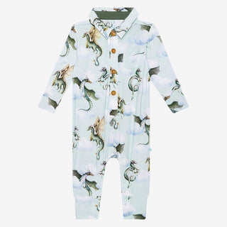 Boy's Bamboo Long Sleeve Collared Henley Romper - Percy (Dragons) Baby One-Pieces