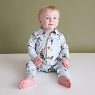 Boy's Bamboo Long Sleeve Collared Henley Romper - Percy (Dragons) Baby One-Pieces