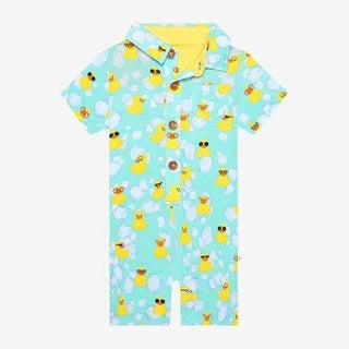 Boy's Bamboo Short Sleeve Collared Henley Romper - Ducky (Ducks) Baby One-Pieces