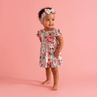Bamboo Cap Sleeve Ruffled Twirl Bodysuit Dress - Briana (Floral)
