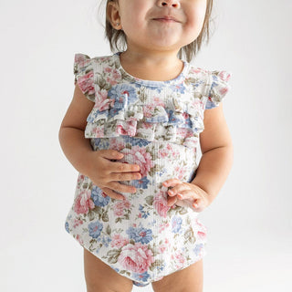 Posh Peanut Bamboo Pointelle Cap Sleeve Ruffled Bubble Romper - Etta (Floral) | Baby Riddle