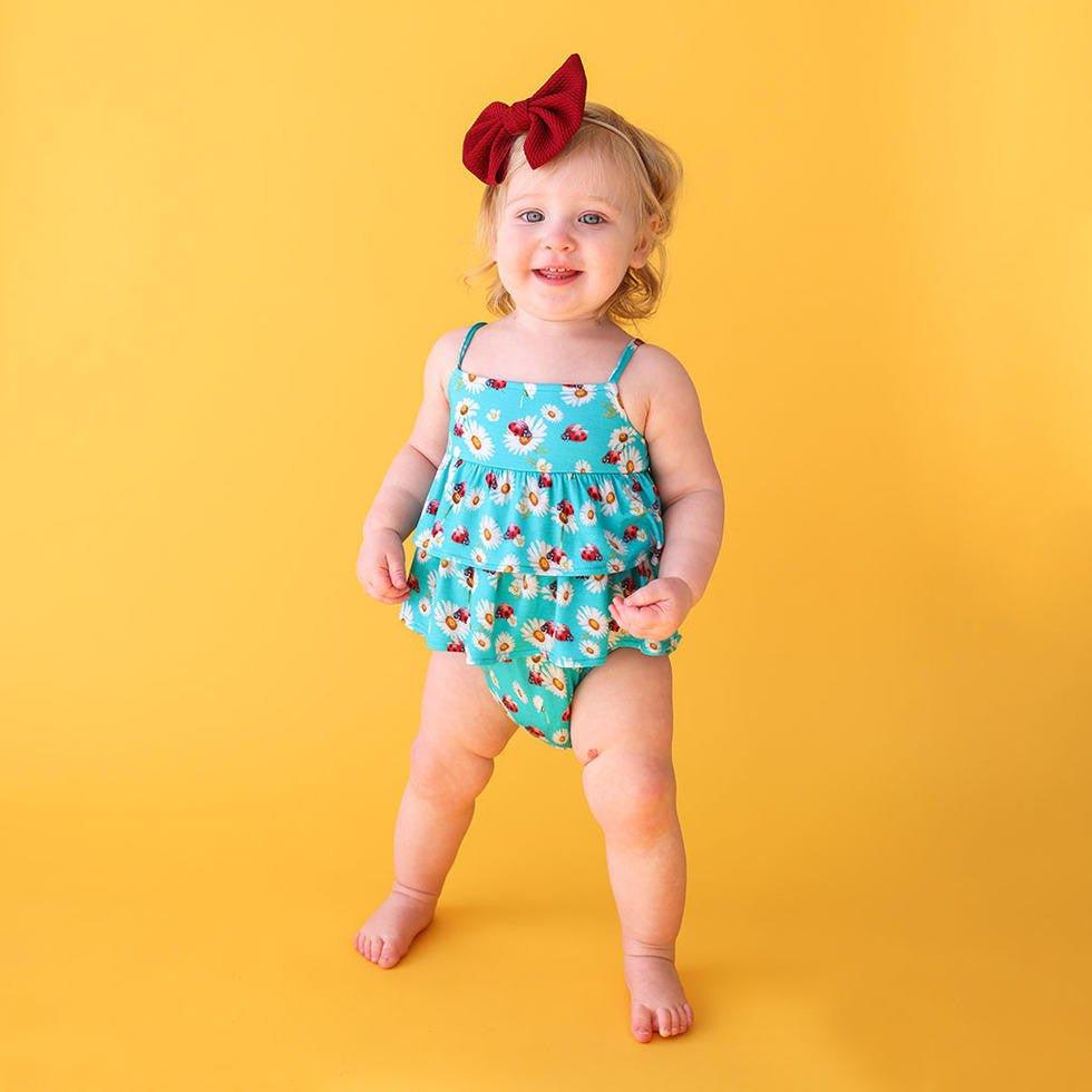 Posh Peanut Bamboo Girl's Basic Ruffled Spaghetti Romper, Ladybug