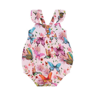 Girl's Bamboo Henley Ruffled Cap Sleeve Bubble Romper - Watercolor Butterfly Baby One-Pieces