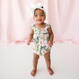 Girl's Bamboo Henley Ruffled Cap Sleeve Bubble Rompers - Harper (Floral) Baby One-Pieces