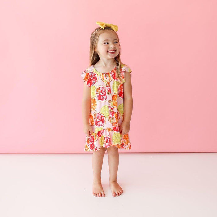 Posh Peanut girls henley ruffled cap sleeve hi-low dress in Citrine