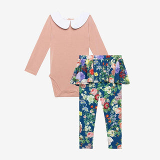 Girl's Bamboo Long Sleeve Peter Pan Collar Bodysuit & Skirted Legging - Carmen (Floral) Baby One-Pieces